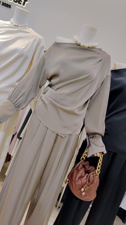 Satin Collar Down Long Sleeves Blouse With Trousers Sets